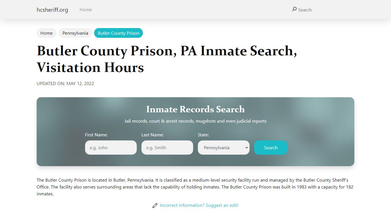 Butler County Prison , PA Inmate Search, Visitation Hours